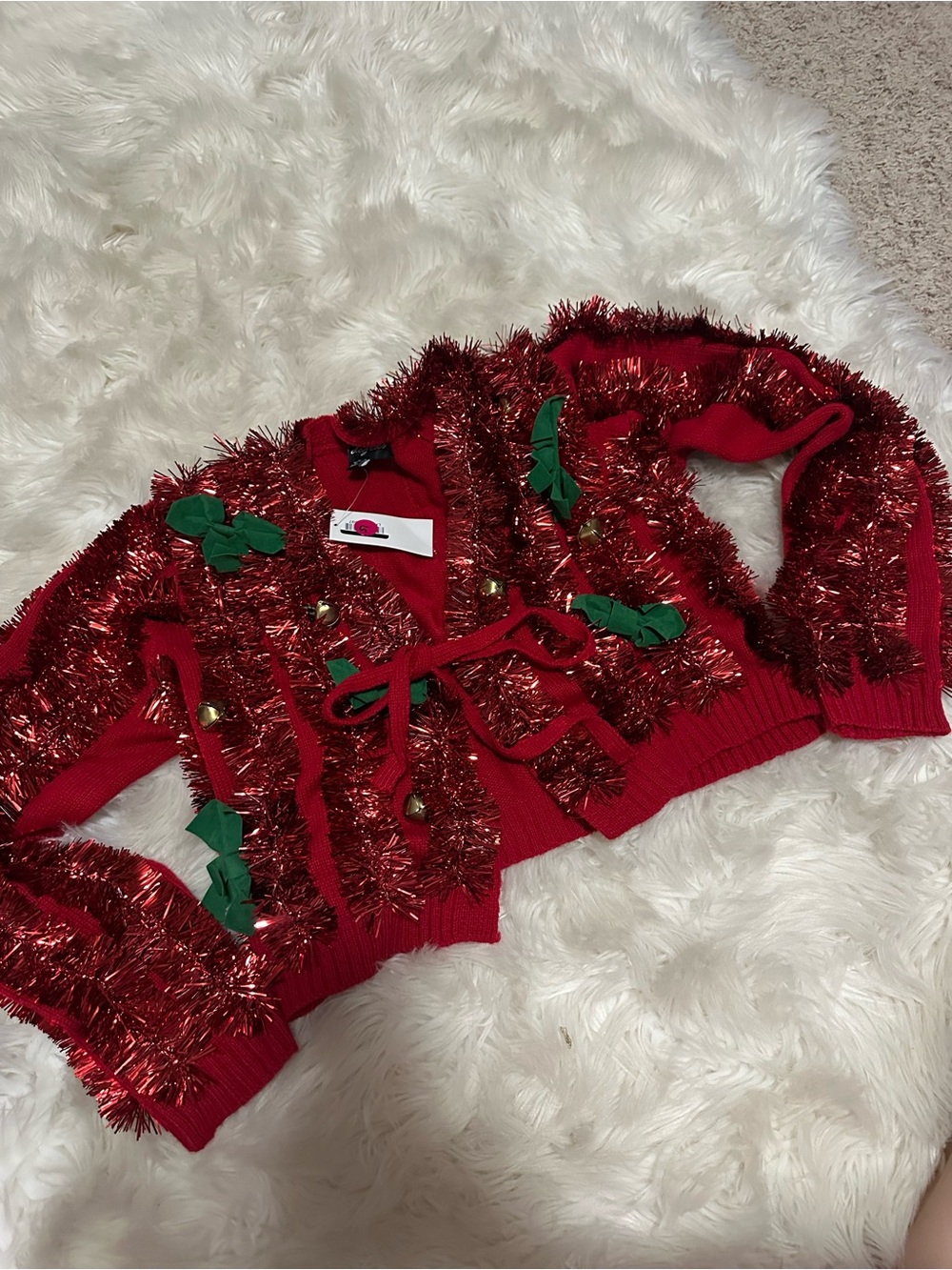 32 Degrees Red Holiday Tinsel Cardigan with Green Bow Accents